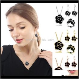 3 Colours Black Rose Camellia Necklace Earrings Ring Jewellery Set Women Fashion Accessories 3Pcsset Christmas Gifts 1Bp7U