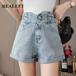 Summer Blue Vintage Denim Women's Shorts Button High Waist Wide Leg Casual Loose Female Jeans Pocket 210428