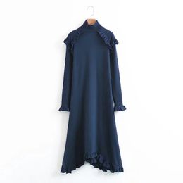 Navy Blue Stand Collar Ruffle Long Sleeve A Line Midi Dress Elegant Solid Autumn D0672 210514