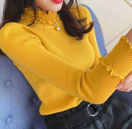 Women Girl Winter Fall basic Knitted Pullovers half Turtleneck sweaters basic Knitwear Outwear ruffles Tops jumper 210928