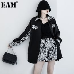 [EAM] Wide Leg Print Shorts Two Piece Suit Lapel Long Sleeve Black Loose Fit Women Fashion Spring Summer 1DD7542 210512