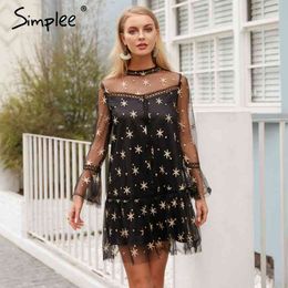 Mesh star print transparent lace women Hollow out long sleeve summer Streetwear short casual dress vestidos 210414