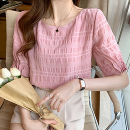 Women's Tops Pin'k Blouses for Women Short Sleeve Drop Shirts Female O-neck Kawaii Blouse Basic Shirt 210604