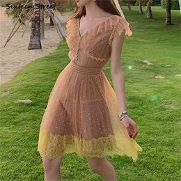 Vintage Summer Mesh Dress Woman V-neck Sleeveless High Waist Vestidos Clothing Yellow Lace Beach Vacation Dresses 210603