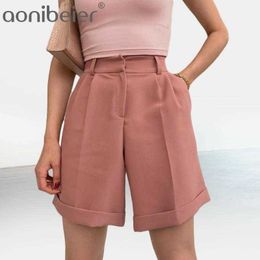 Women's Trousers Material Flanging With Pocket Zipper Buttons Solid Color Fashion Urban Casual Shorts Female Ropa 210604