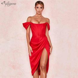 Women's Summer Short Sleeve Off Shoulder Dress Sexy Red Split Club Party Vestidos 210525