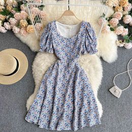 SINGREINY Women Korean Floral Dress Sweet Puff Sleeve V Neck A-line Short Dresses Summer Bohemian Print Vacation Beach Dress 210419