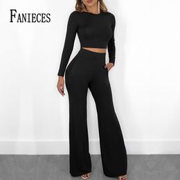 2 Two Piece Set Women Tracksuit Solid Pullover T Shirt Crop Top And Wide leg flared pants Sets Bodycon Slim Suit chandal mujer 210520