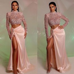 2 Pieces Pink Pearls Prom Dresses Sequins High Neck Evening Dress Custom Made Side Split Long Sleeves Celebrity Floor Length Party Gown