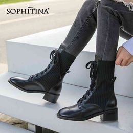 SOPHITINA Special Design Boots Handmade High Quality Genuine Leather Comfortable Square Heel Round Toe Fashion Lace-Up Shoes 210513