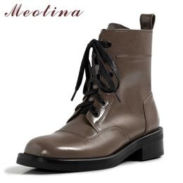 Meotina Genuine Leather Mid Heel Ankle Boots Women Shoes Cross Tied Thick Heels Zipper Short Boots Female Autumn WInter Yellow 210608