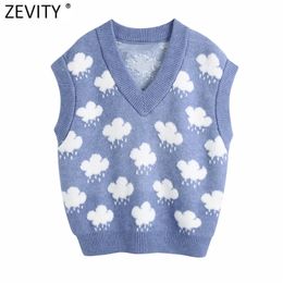 Women Fashion V Neck Cloud Pattern Knitting Sweater Female Sleeveless Casual Slim Vest Chic Leisure Pullovers Tops S669 210416