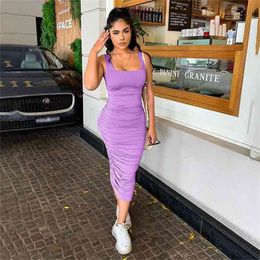 Women Sexy Bodycon Dress Summer Casual Sleeveless Backless Skinny Ruched Party Long Dresses Femme Clubwear Vestidos Clothes 210331