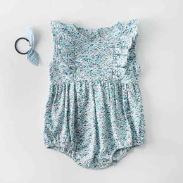 born Baby Jumpsuit Girls Ruffles Romper Summer Flower Infant Playsuit Bow Clothes 210429