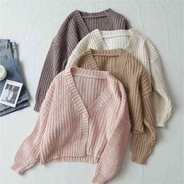 Women's Cardigan Autumn Winter Single Button Long Sleeve V Neck Thick Ladies Sweater Solid Casual Knitted Wear For Female 210914