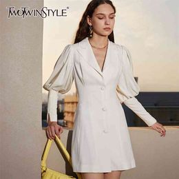 Elegant White Mini Dress For Women V Neck Lantern Long Sleeve High Waist Slim Dresses Female Spring Fashion 210520