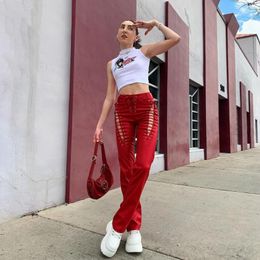 Grunge Punk Streetwear High Waisted Pants Y2K Hollow Out Lace-up PU Leather Harajuku Vintage Waist Bandage Red Trousers Women's & Capris