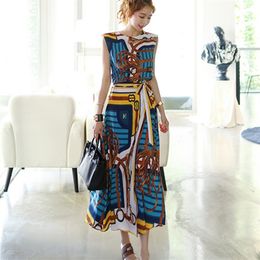 spring Korean Fashion style Shirt Waist Women O-Neck Tops Elastic skirts Two-piece Sets Sleeveless Print 210514