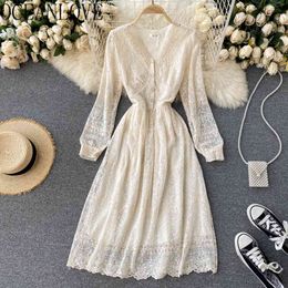 Lace Dress for Women Solid Embroidered Elegant Vintage Long Dresses Spring V Neck Puff Sleeve Vestidos Korean 210415