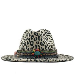 Trend Unisex Flat Brim Wool Felt Jazz Fedora Men Women Leopard Grain tassel Band Decor Trilby Panama Formal Hats 58-60cm