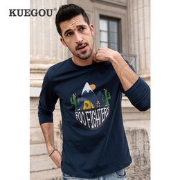 KUEGOU 100% Cotton Spring Mens T-shirt long sleeve Outdoor Scenery print Sapphire Tshirt Fashion Top&Tee Plus Size ZT-88121 210524