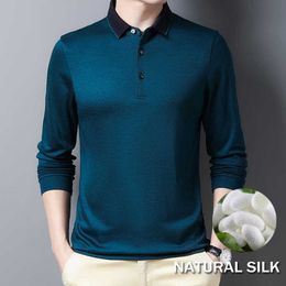 Breathable Natural Silk High Quality Polo Shirt Men Long Sleeve Turn Down Collar Neck Regular Fit Thermal Sports Shirt Pullover 210707