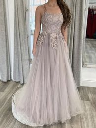 Light Grey Tulle Evening Dress with Lace Appliques Beads Double Spaghetti Straps A-line Long Prom Dresses for Formal Occasions Custom Made