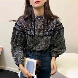 Retro Western Style Full Screen Floral Stand Collar Stitching Contrast Color Loose Lantern Sleeve Doll Shirt Top Women GX1308 210507
