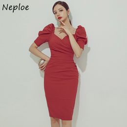 Neploe Temperament Split Design Dress Women High Waist Hip Skinny Vestido Square Collar Puff Short Sleeve Robe Solid Spring 210423