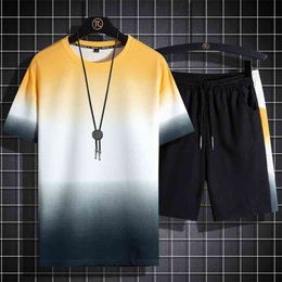 Men Casual Set Fashion 2 PCS Sweat Suit Short Sleeve T-shirt Shorts Sets Male Sportswear Tracksuit Summer Sportsuit 5XL 210722
