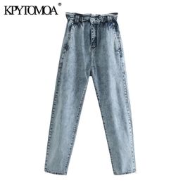 Women Fashion Side Pockets Baggy Paperbag Jeans High Elastic Waist Denim Female Ankle Trousers Mujer 210420