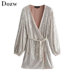 Women Sequin Party Dress Fashion Deep V-neck Sexy Club Bodycon Dress Elegant Lantern Long Sleeve Mini Dress Vestidos de fiesta 210414