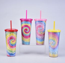 24 oz Tie-dye Tumbler With Lid And Reusable Straw Colourful Double Wall Insulated Travel Mug Cup