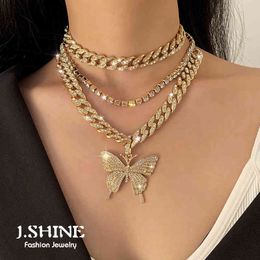 JShine Fashion Butterfly Chain Iced Out Cuban Link Chain Big Butterfly Pendants Necklace Women 2021 Chocker Statement Jewellery X0509