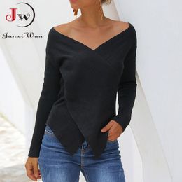 Wome Slim Knitted Sweater V Neck Sexy Long Sleeve Spring Autumn Pullovers Solid Cross Elegant Tops Jumpers Pull Femme Knitwear 210510