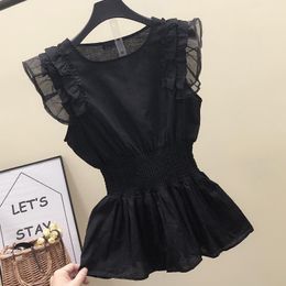 Chiffon Ruffles Women Blouse 2021 Summer Slim Black Sleeveless Office Lady Elegant Pulls Tops Top Quality Women's Blouses & Shirts