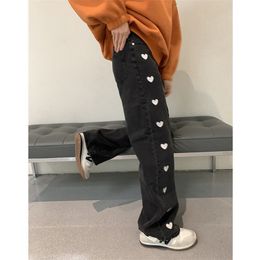 Women's jeans spring and autumn Korean love embroidery casual straight trousers high waist slim women loose B018 210629
