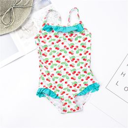 Cherry Print Girls Swimwear Swimwsuit Falbala Children One Piece Swimsuit Summer Kids Bodysuits Monokini Bathing Suit