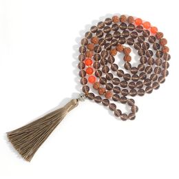 Rudraksha&Tea Crystal 108 Mala Beads Knotted Necklace Men And Women Charm Fashion Jewellery For Friendship Gifts Khaki Tassels Pendant Necklac