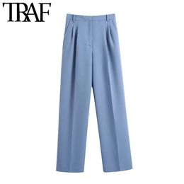 TRAF Women Chic Fashion Side Pockets Darted Pants Vintage High Waist Zipper Fly Female Trousers Mujer 210415