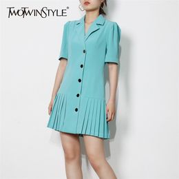 Blue Pleated Dress For Women Notched Long Sleeve High Waist Minimalist Mini Dresses Females Summer Fashion 210520