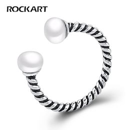 Natural Freshwater Pearl Ring 925 Sterling Silver Twisted Rope Retro Style Antique Looking Adjustagle Cool Punk Rings