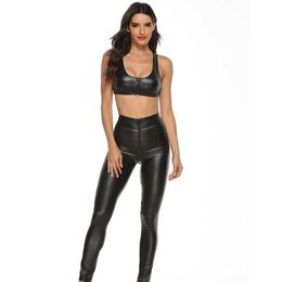 2PCS/Set Sexy PU Zipper Open Crotch Latex Pencil Pants With Vest Shiny Exotic Apparel High Elastic Clubwear Sex Party Costumes Y0625