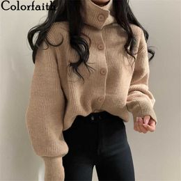 Colorfaith Women's Sweaters Winter Spring Turtleneck Fashionable Buttons Oversize Short Cardigans Knitwear SWC1253JX 210922