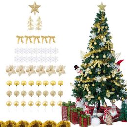 christmas tree leaves UK - LBSISI Life 58pcs Christmas Tree Decoration Ornaments Set with Glitter Poinsettia Bows Ribbons Leaves Ball Snowflake H1112