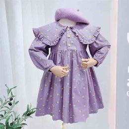 Autumn Girls Dress Children Clothing Baby Kids Country Style Floret Pleated Collar Long Sleeve Princess For 210625