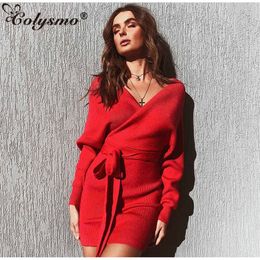 Colysmo Bow Tie Sweater Dress Women Elegant Winter Long Jumper Bodycon Casual Ladies es Knitted Vestido 210527