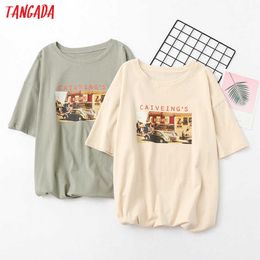 Tangada women 70s print cotton T shirt short sleeve Boyfriend style oversized casual tee shirt street wear top BAO10 210609