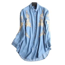 Boyfriend Gold line Flower Embroidery Mid Long Shirt Women Loose sleeve Denim Blouse Tops blusas chemise femme blusa 210429