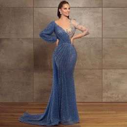 Luxury blue long-sleeved banquet evening dress birthday party annual meeting host performance tailing large size customization